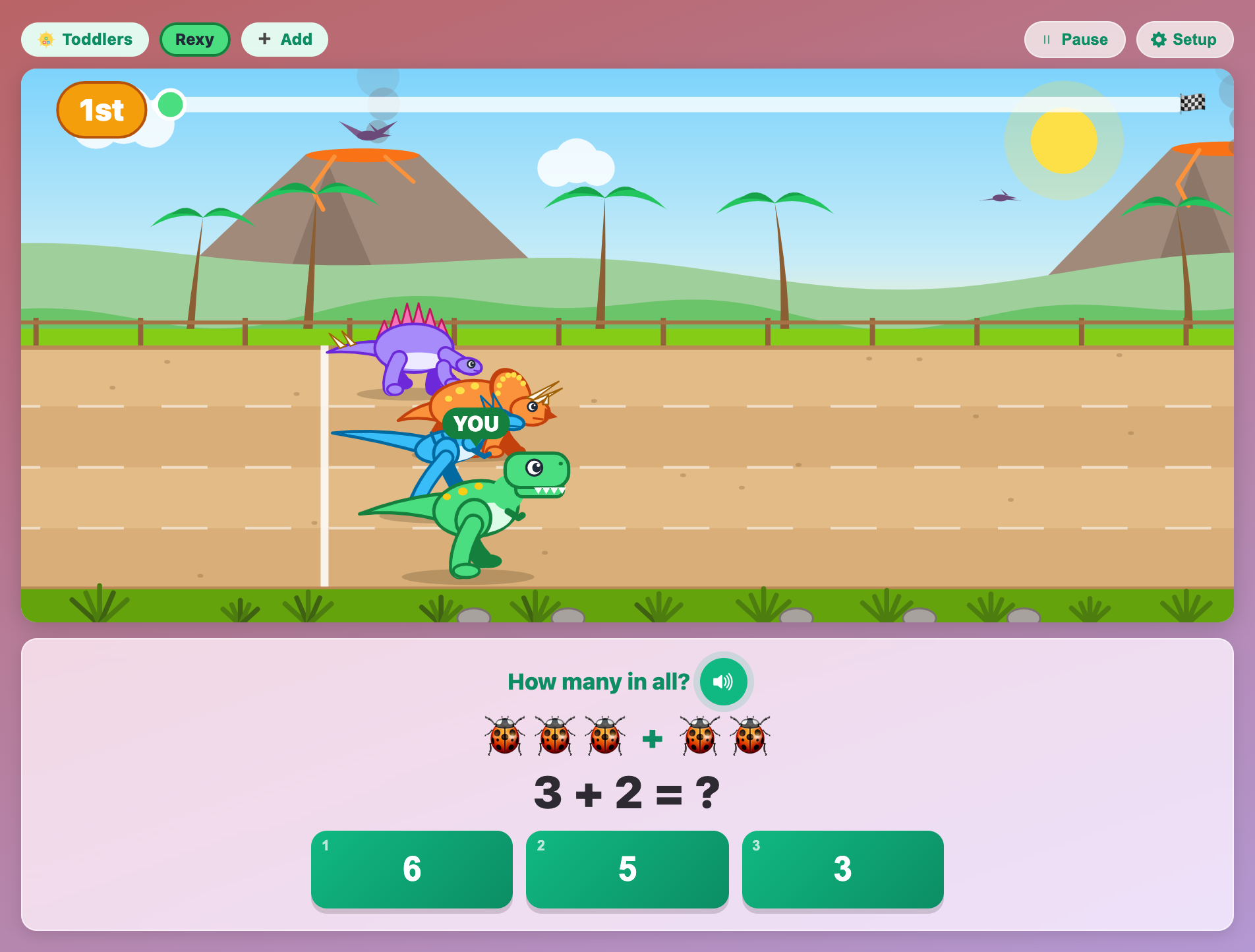 a Dino Math Dash for toddlers question showing three ladybugs plus two ladybugs and the answers 6, 5 and 3