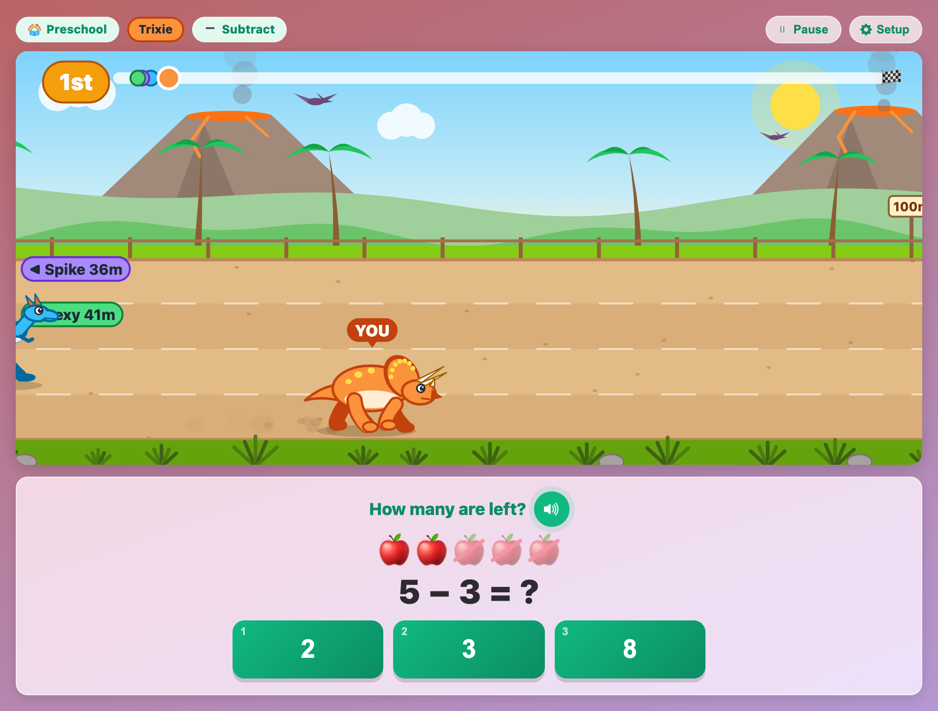 Trixie the Triceratops racing while a preschool question shows five apples with three crossed out for 5 minus 3