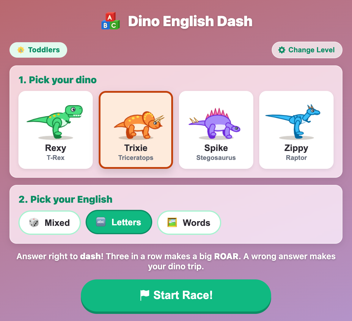 the Dino English Dash setup screen with Trixie the Triceratops picked and the Letters chip chosen for toddlers