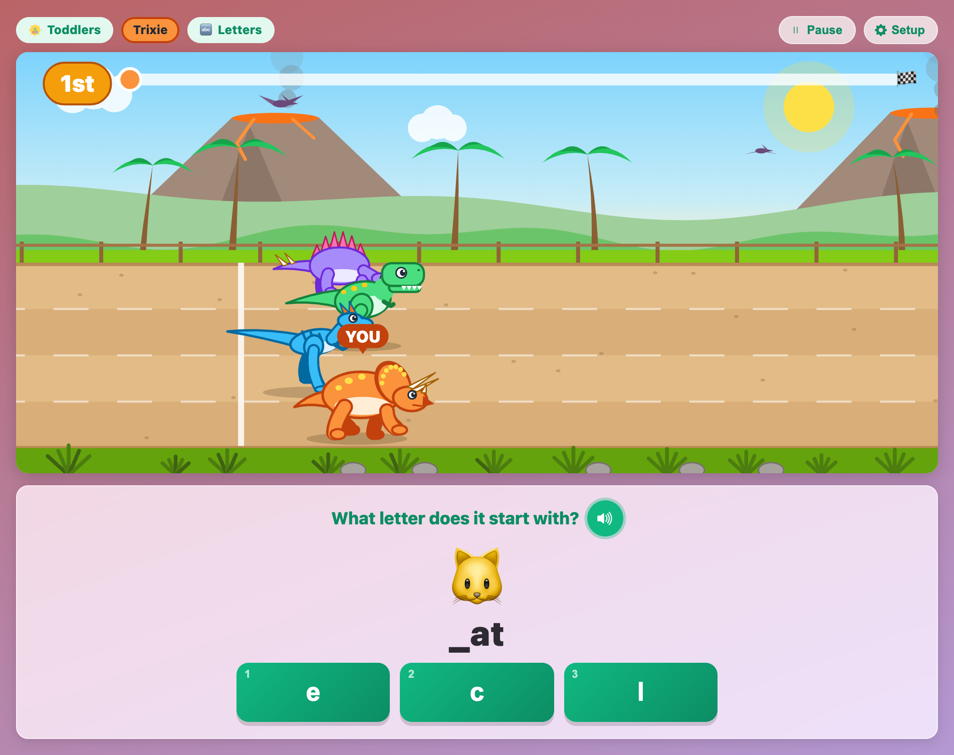 a Dino English Dash for toddlers question with a cat picture, the clue _at and the letters e, c and l