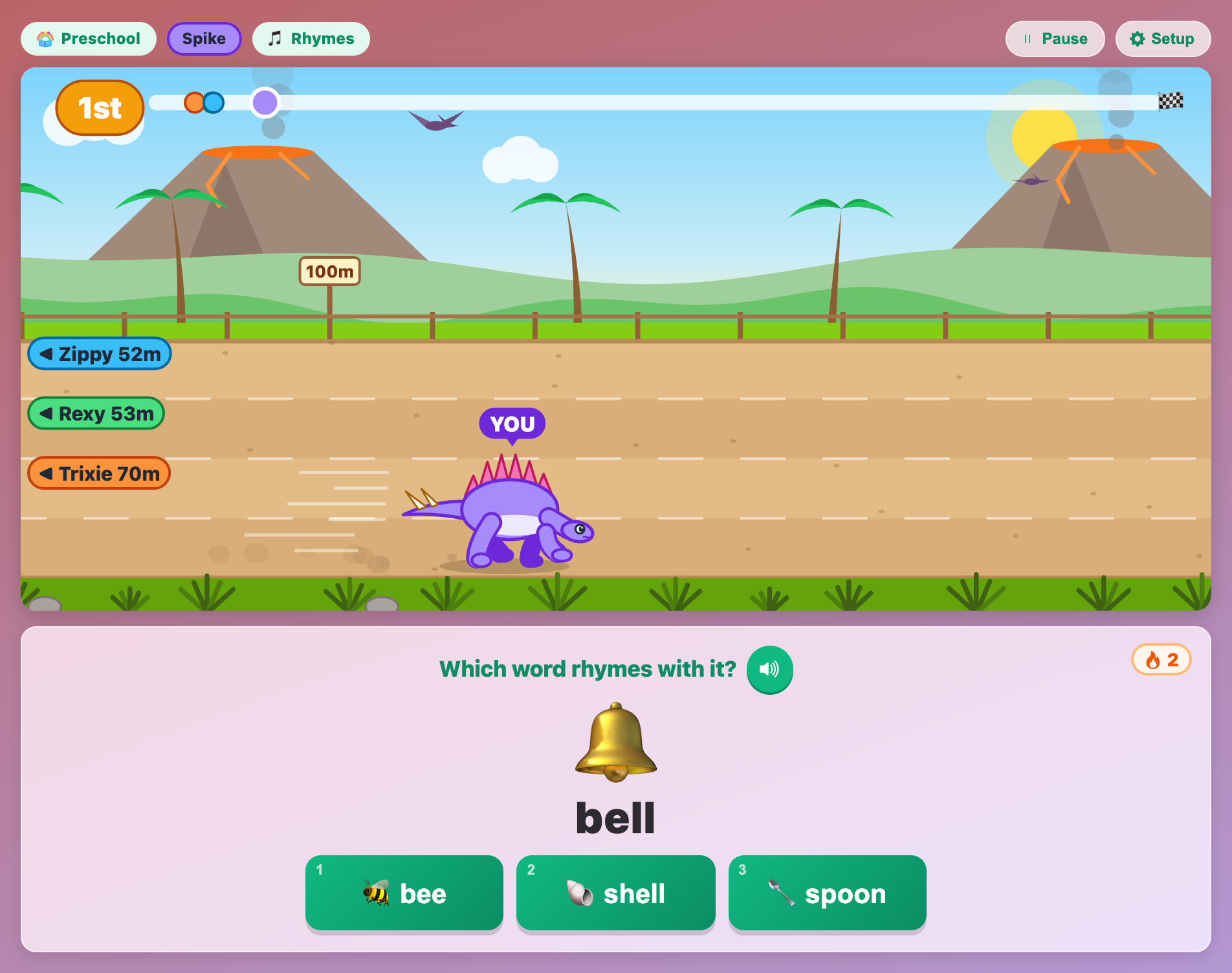 Spike the Stegosaurus leading a preschool race while the card asks which word rhymes with bell