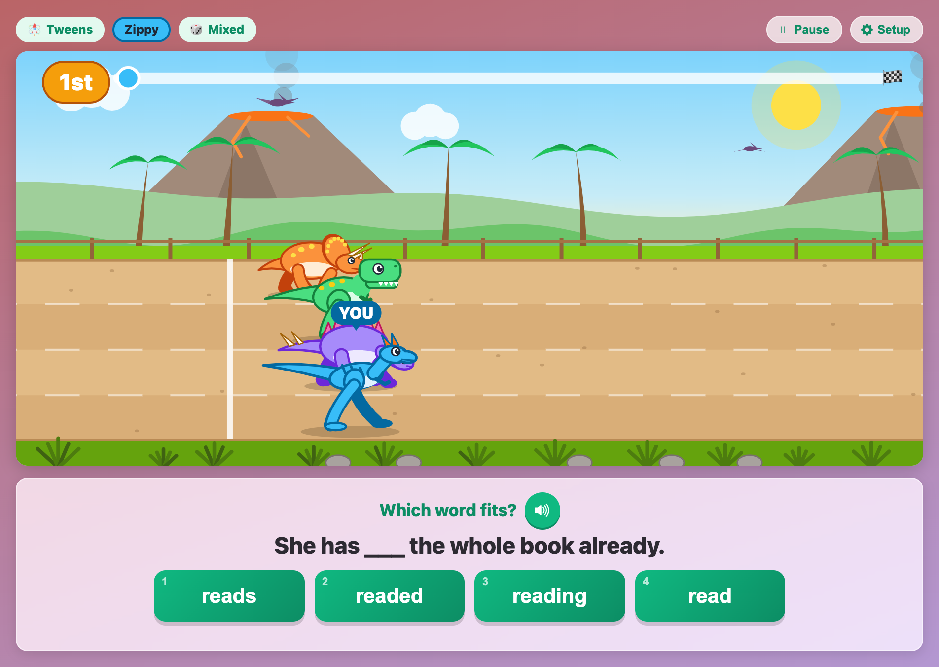 a tweens grammar question in Dino English Dash with the choices reads, readed, reading and read