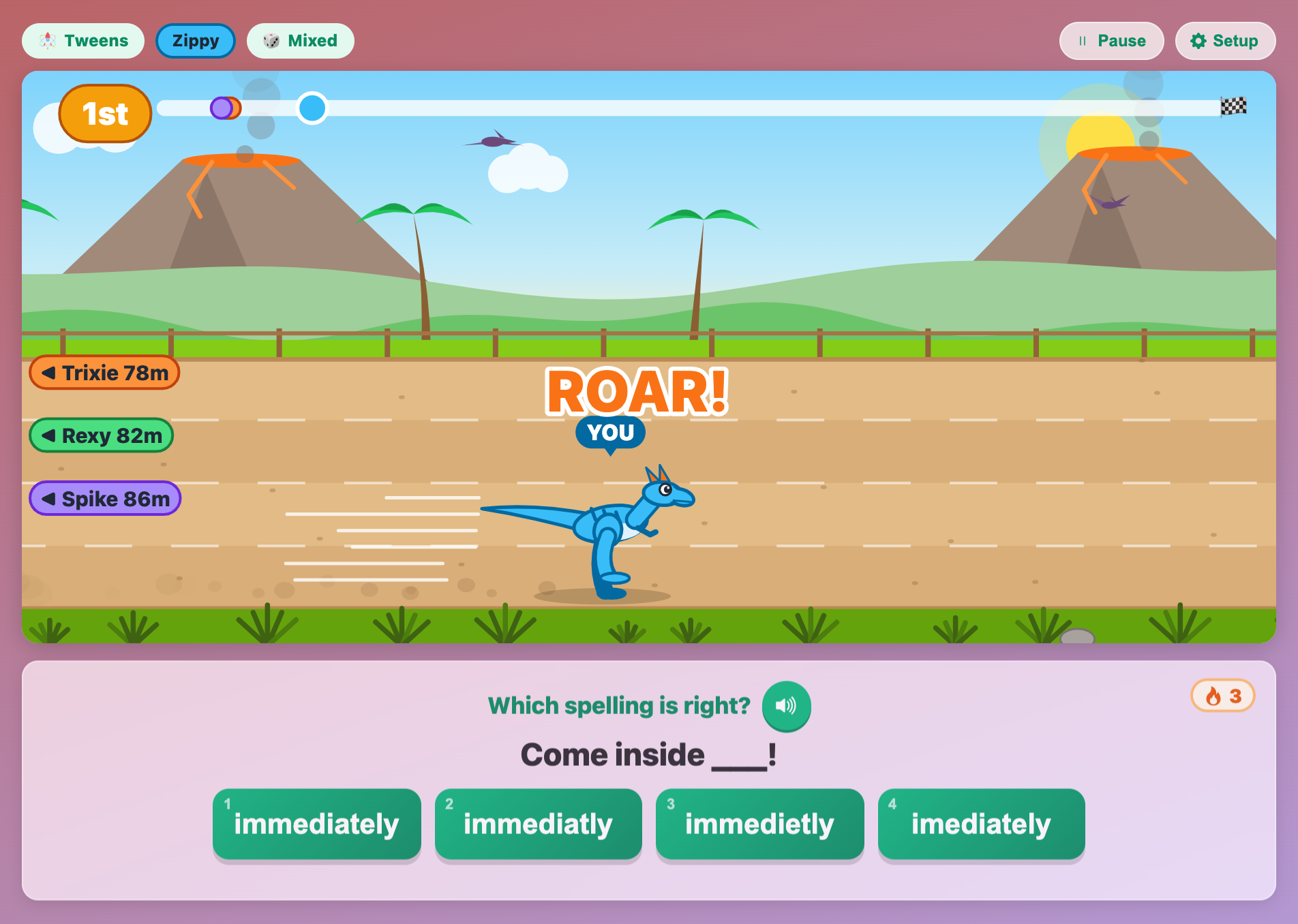 Zippy the Raptor lets out a big ROAR in Dino English Dash after three right answers in a row