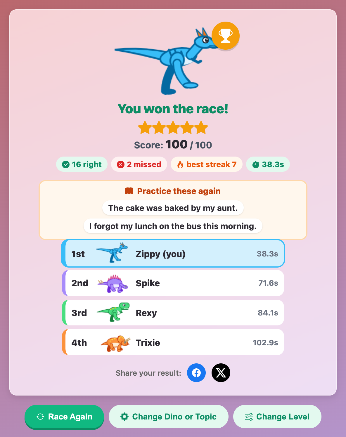 the Dino English Dash result card with five stars, a score of 100, a practice list and the podium