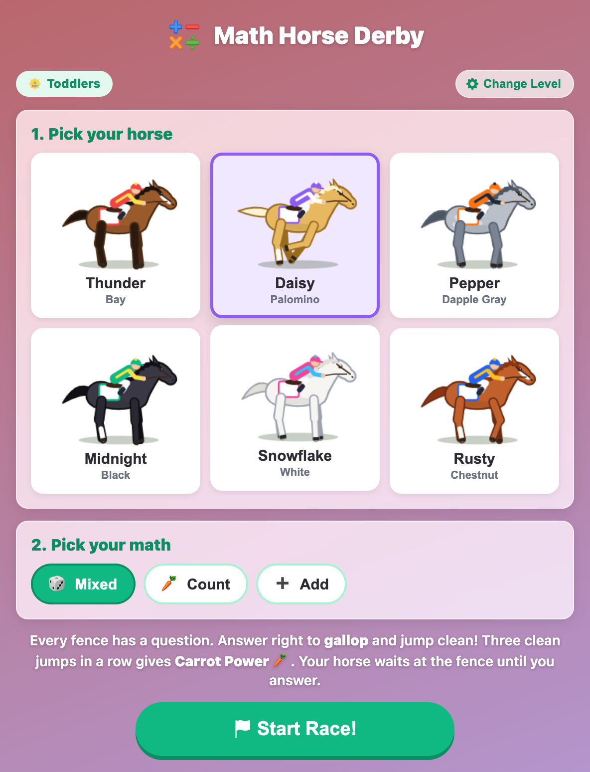 the Math Horse Derby setup screen for toddlers, with six horses to pick and Mixed, Count and Add math buttons