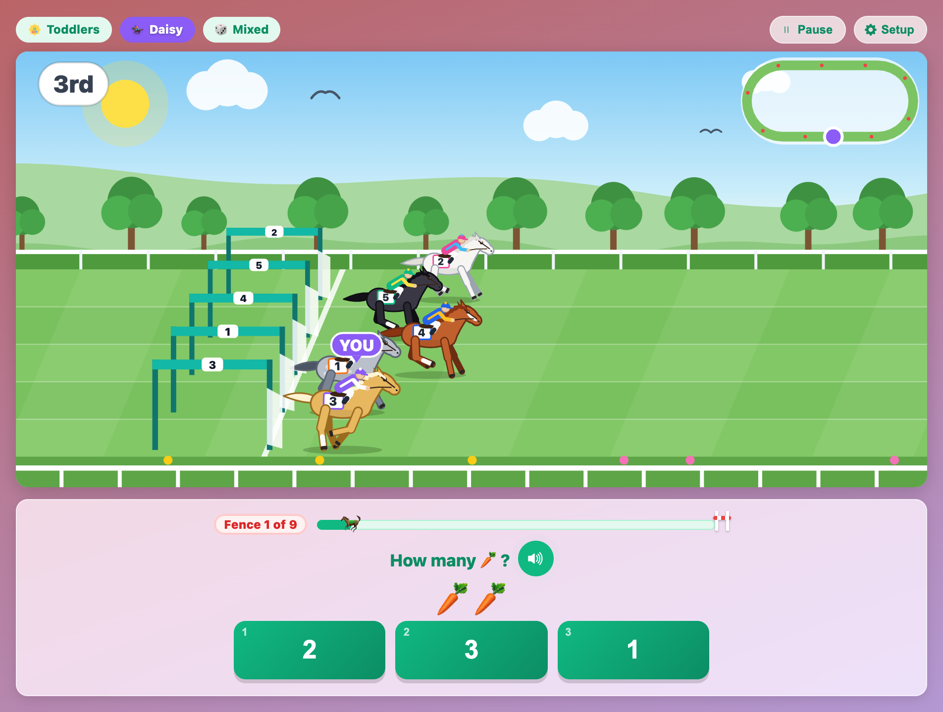 five horses leaving the starting stalls in Math Horse Derby for kids, with a count the carrots question below