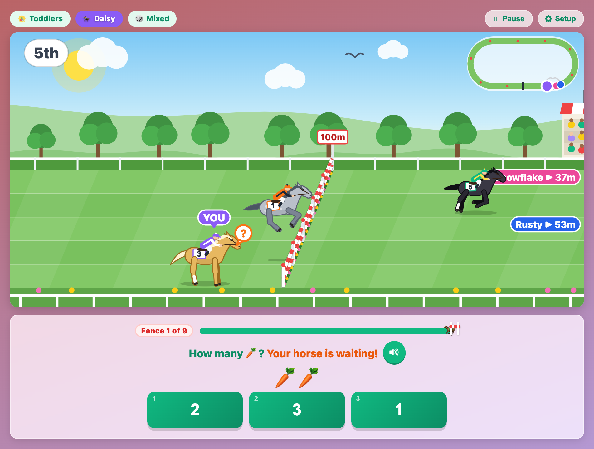 a palomino horse stopped at the first fence with an orange question bubble while the card says Your horse is waiting