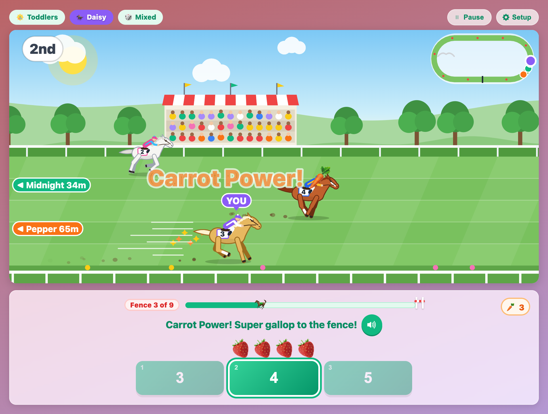 Carrot Power in Math Horse Derby for toddlers, with sparkles and speed lines behind a galloping palomino horse