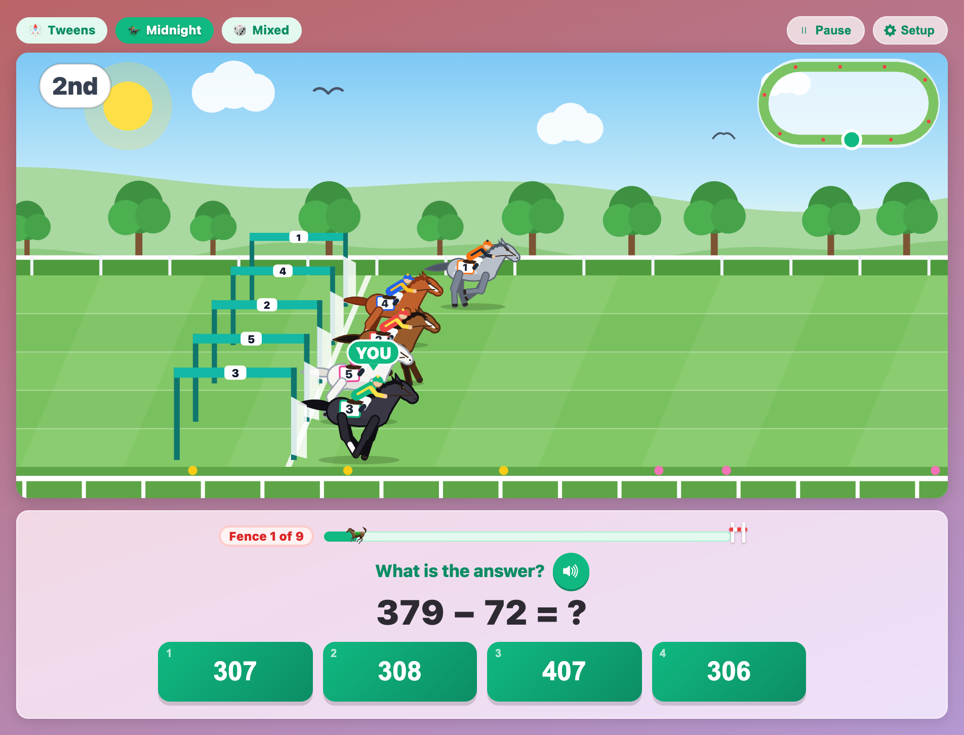 a black horse breaking from the stalls in Math Horse Derby for tweens, with the question 379 minus 72