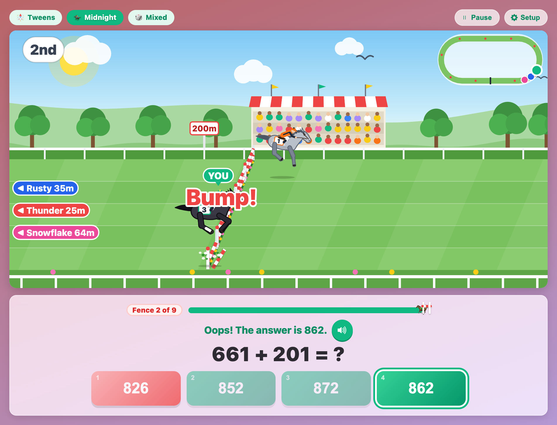 a wrong answer in Math Horse Derby, with a knocked fence rail, a Bump popup and the right answer 862 lit up