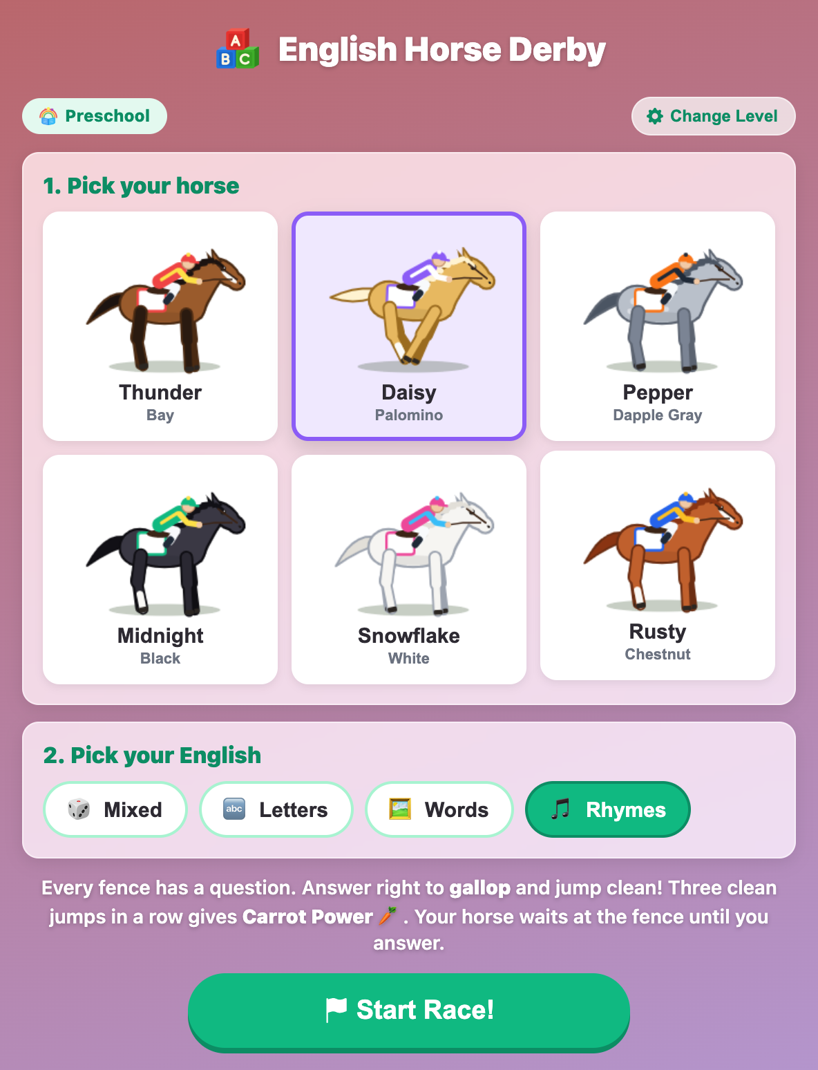 the English Horse Derby setup screen with Daisy the palomino picked and the Rhymes topic chosen for preschool
