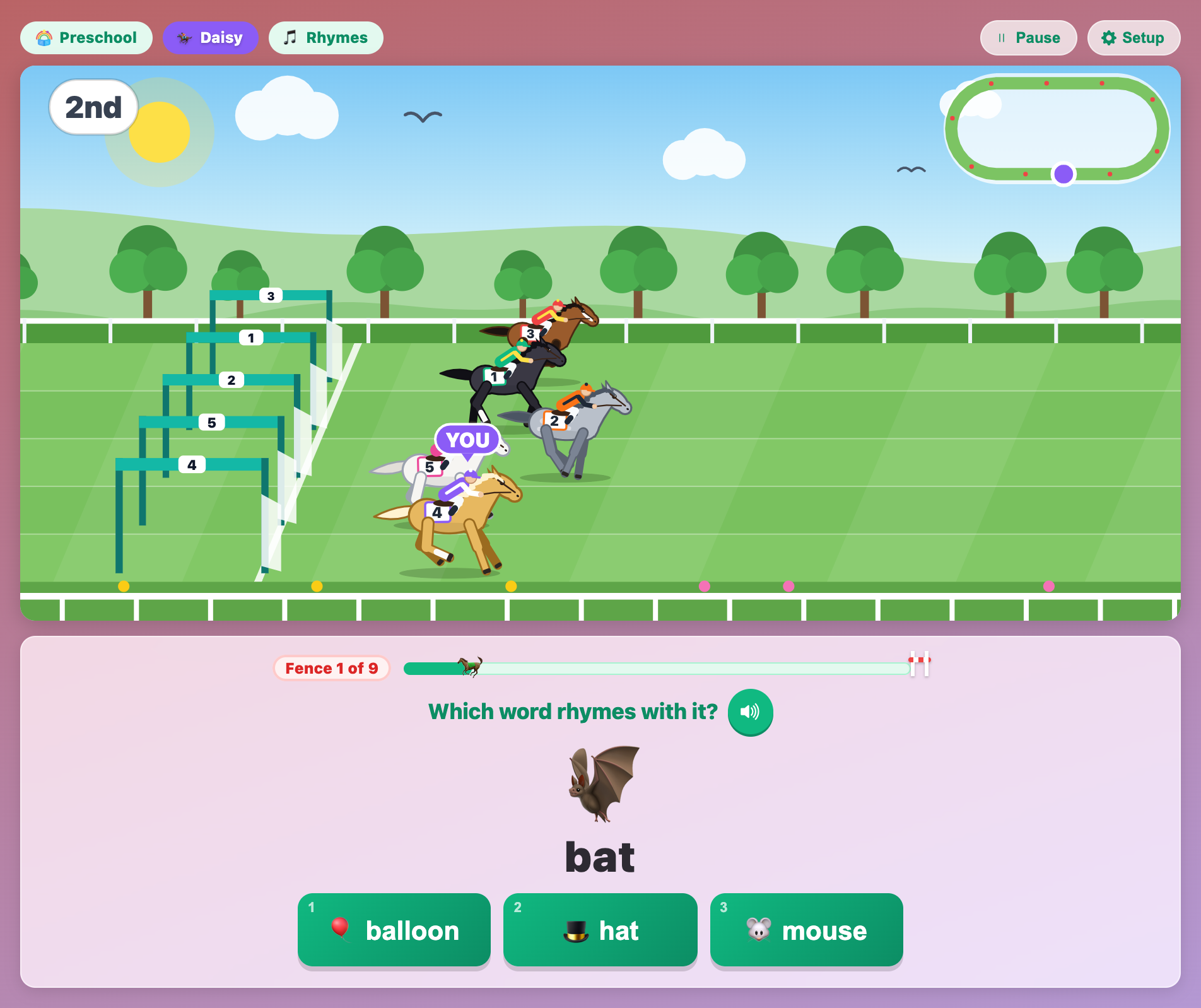 a rhyme question in English Horse Derby for kids asking which word rhymes with bat, with balloon, hat and mouse buttons