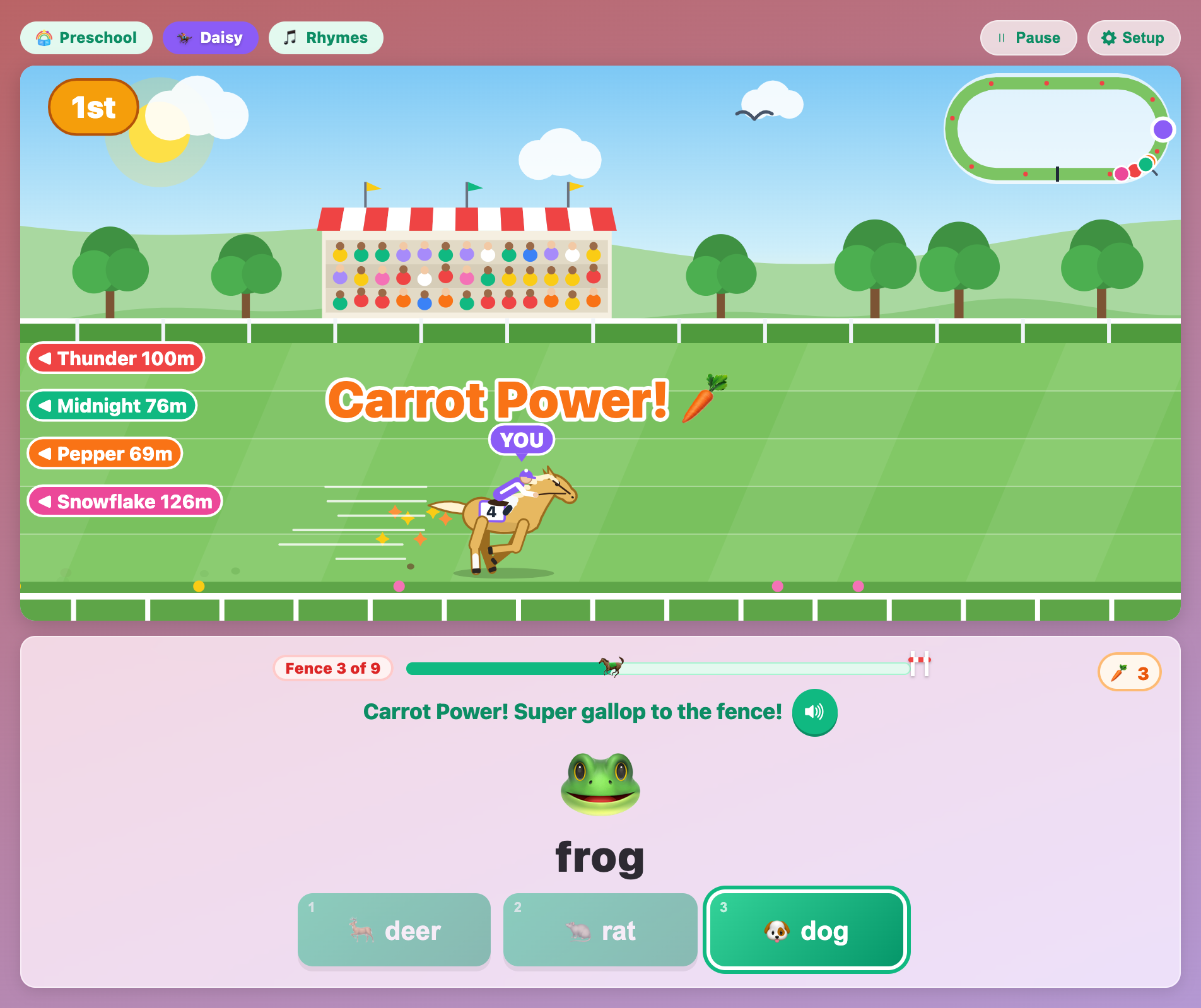 Daisy bursting into a Carrot Power gallop in 1st place after three right rhyme answers in English Horse Derby