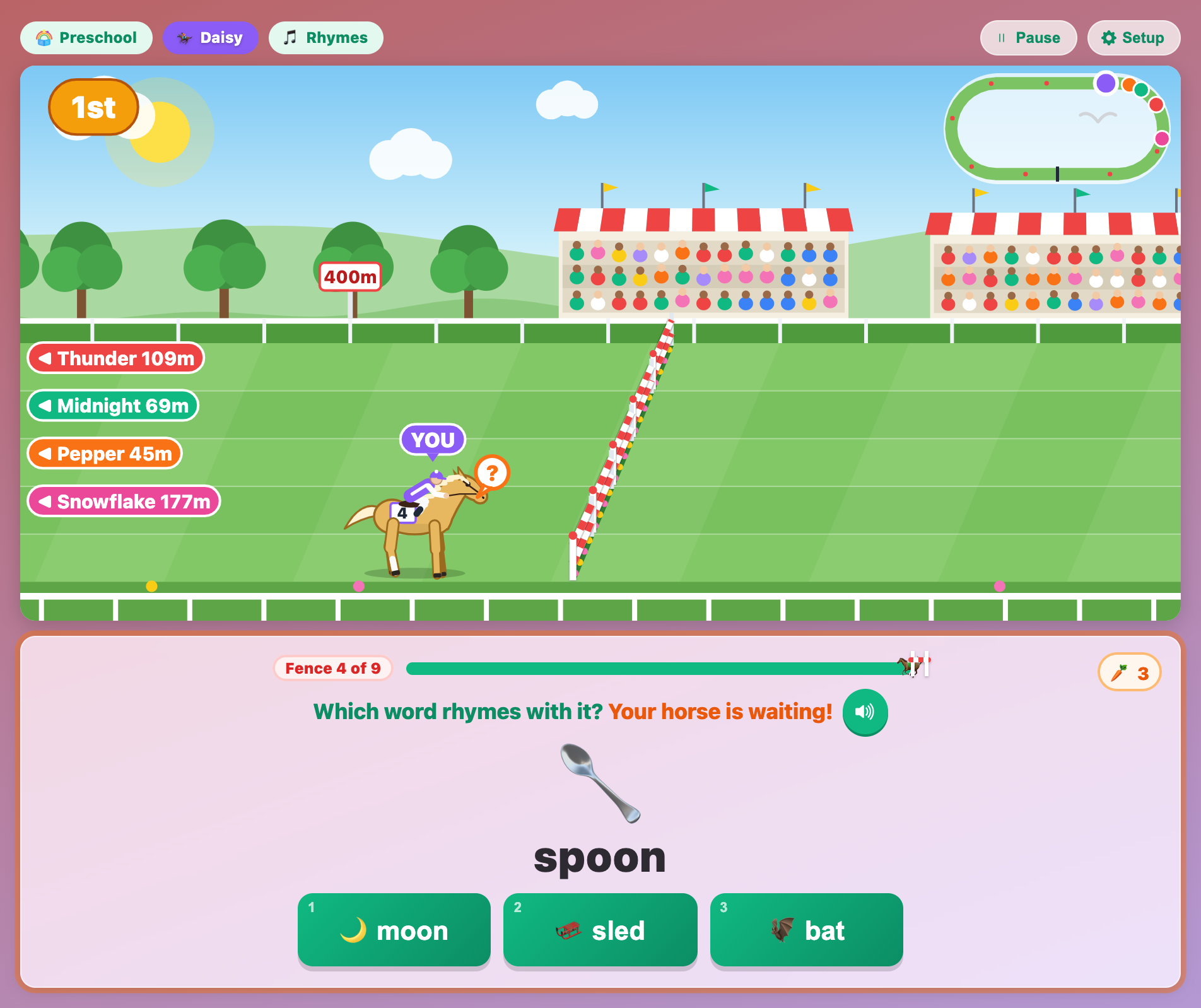 Daisy standing at fence 4 with a question mark bubble while the card says Your horse is waiting, in English Horse Derby for preschoolers