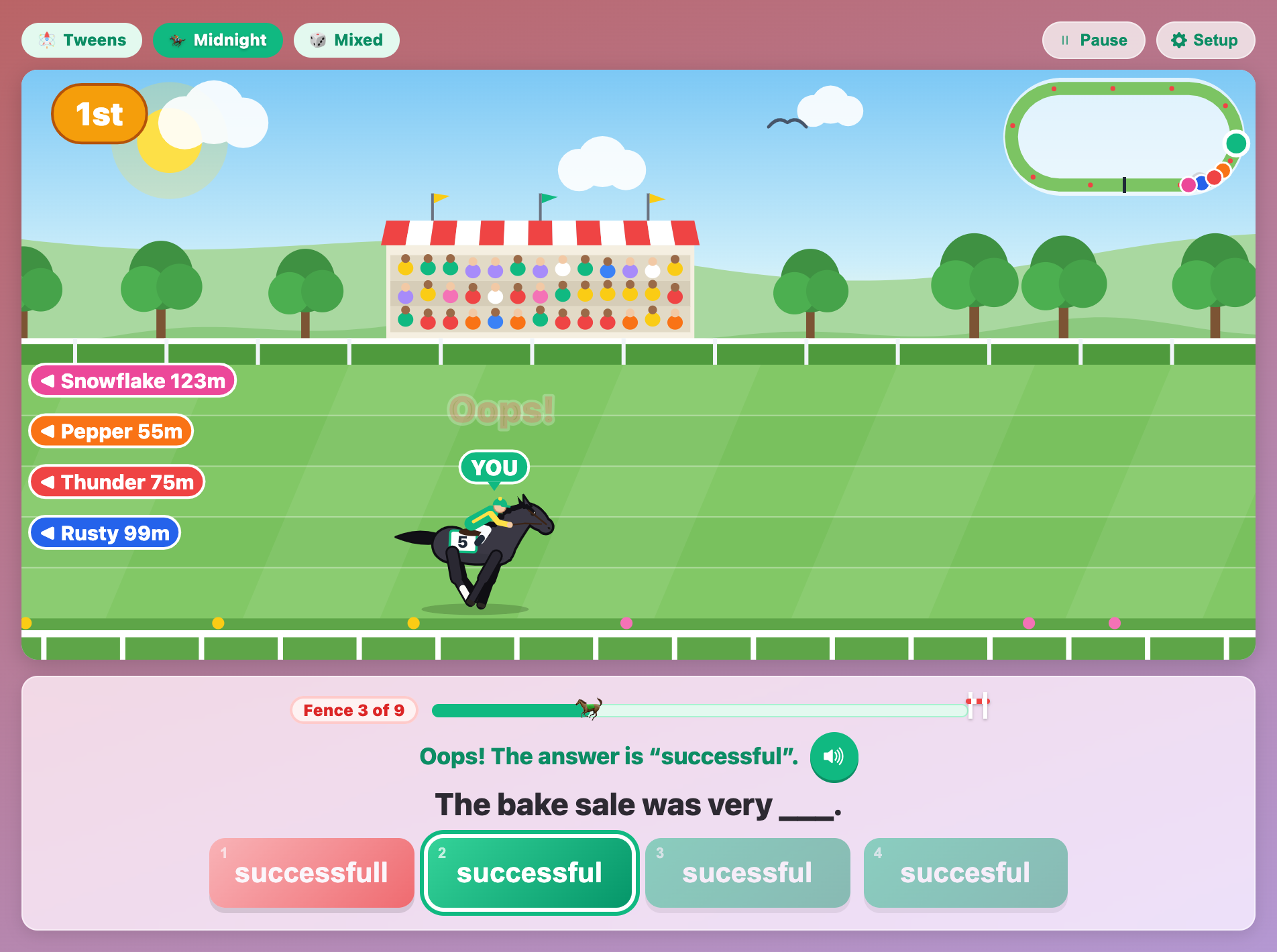 a spelling question in English Horse Derby for tweens where the wrong pick successfull turns red and successful glows green