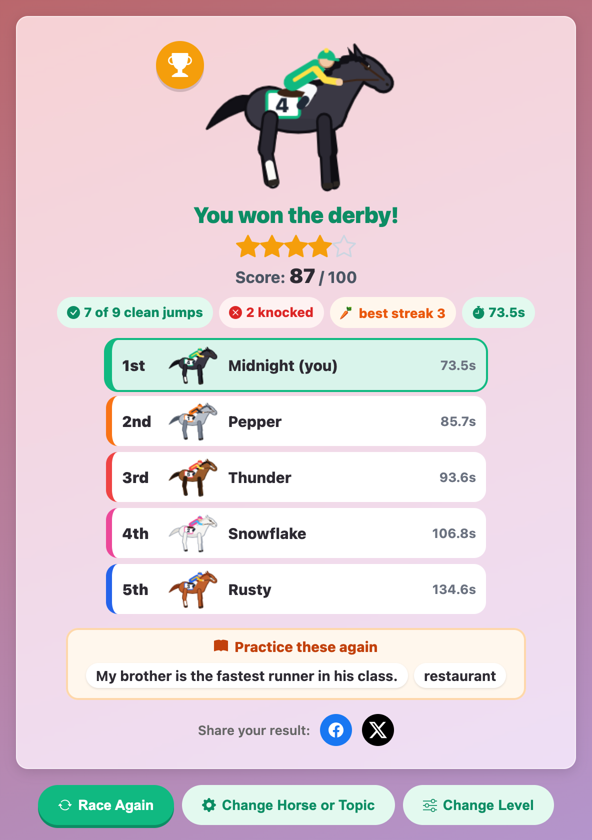 the English Horse Derby result card with a 1st place win, a score of 87 out of 100 and a Practice these again list