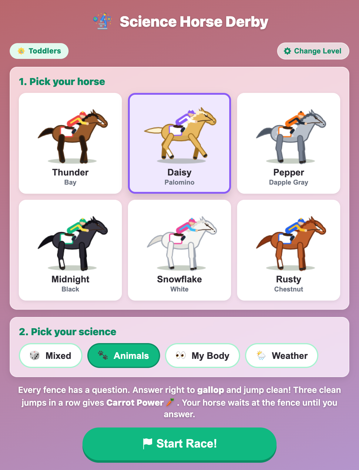 the Science Horse Derby setup screen for toddlers, with Daisy the palomino picked and the Animals science button lit up