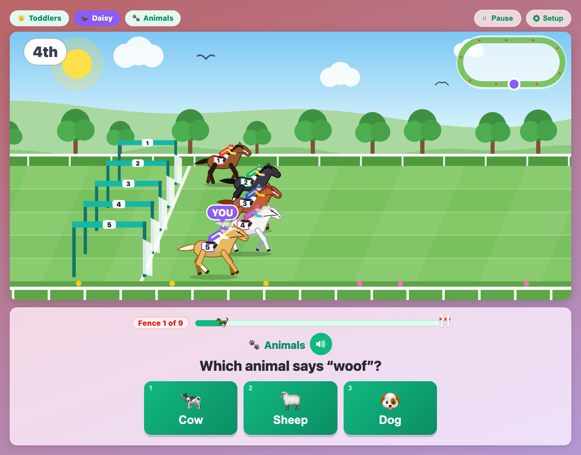 five horses in the starting stalls in Science Horse Derby for toddlers, with a question about which animal says woof