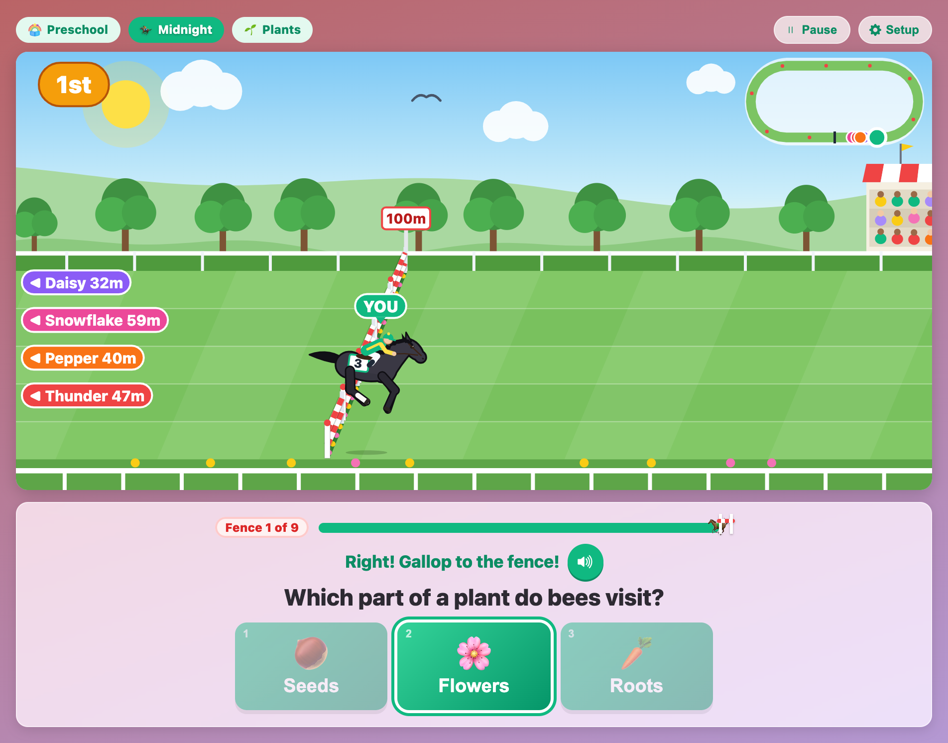 a black horse sailing over the first fence in Science Horse Derby for preschoolers after a right answer about bees