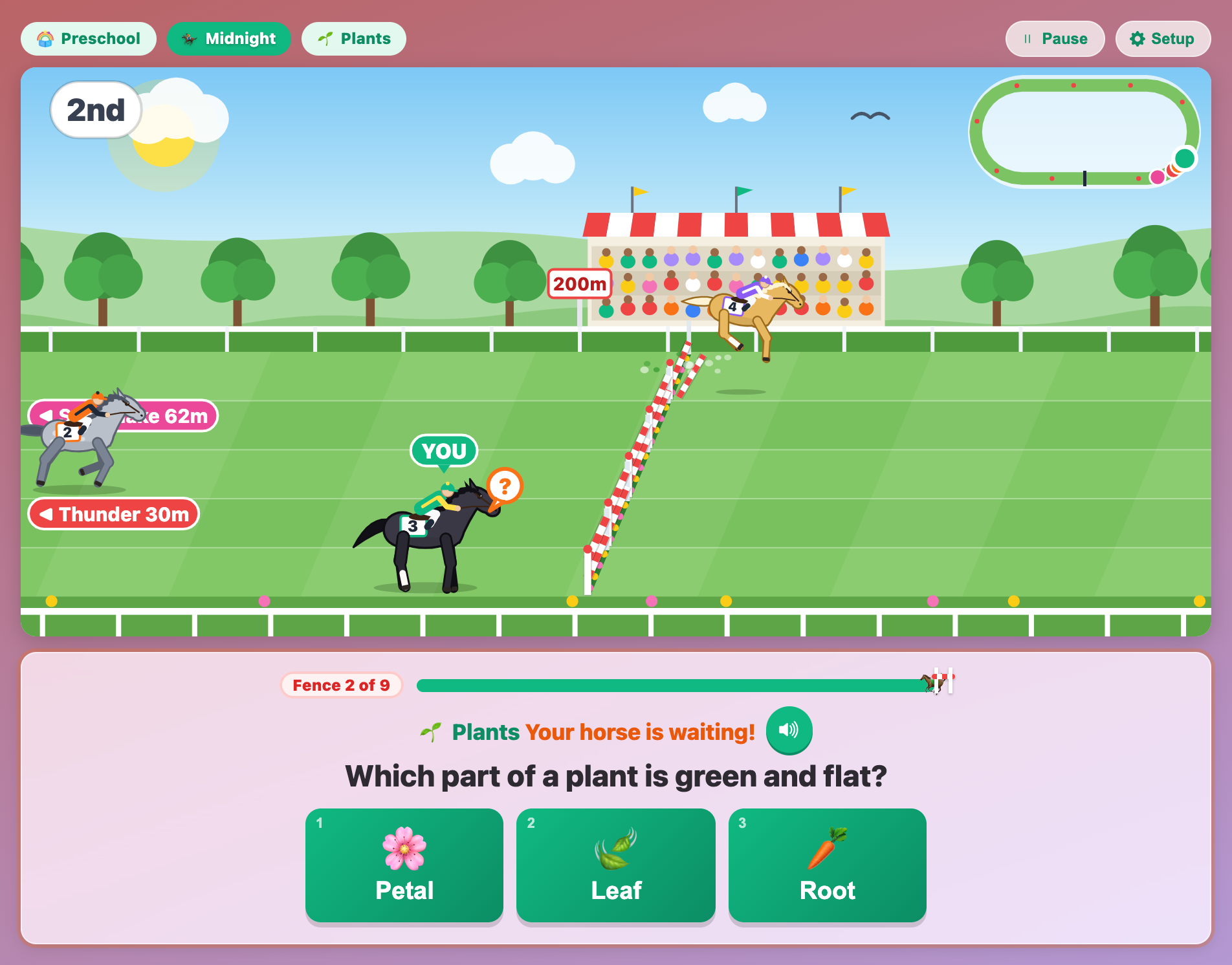a black horse stopped at fence 2 with an orange question bubble while the card asks which plant part is green and flat