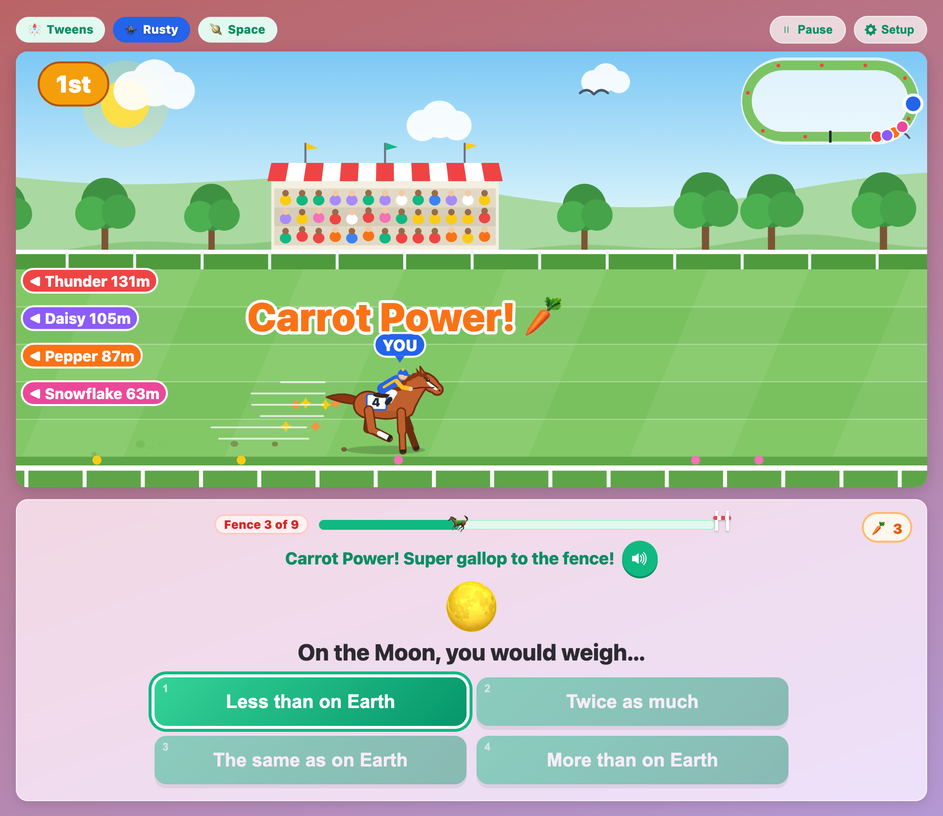a Carrot Power gallop with orange sparkles in Science Horse Derby for tweens after a right answer about the Moon