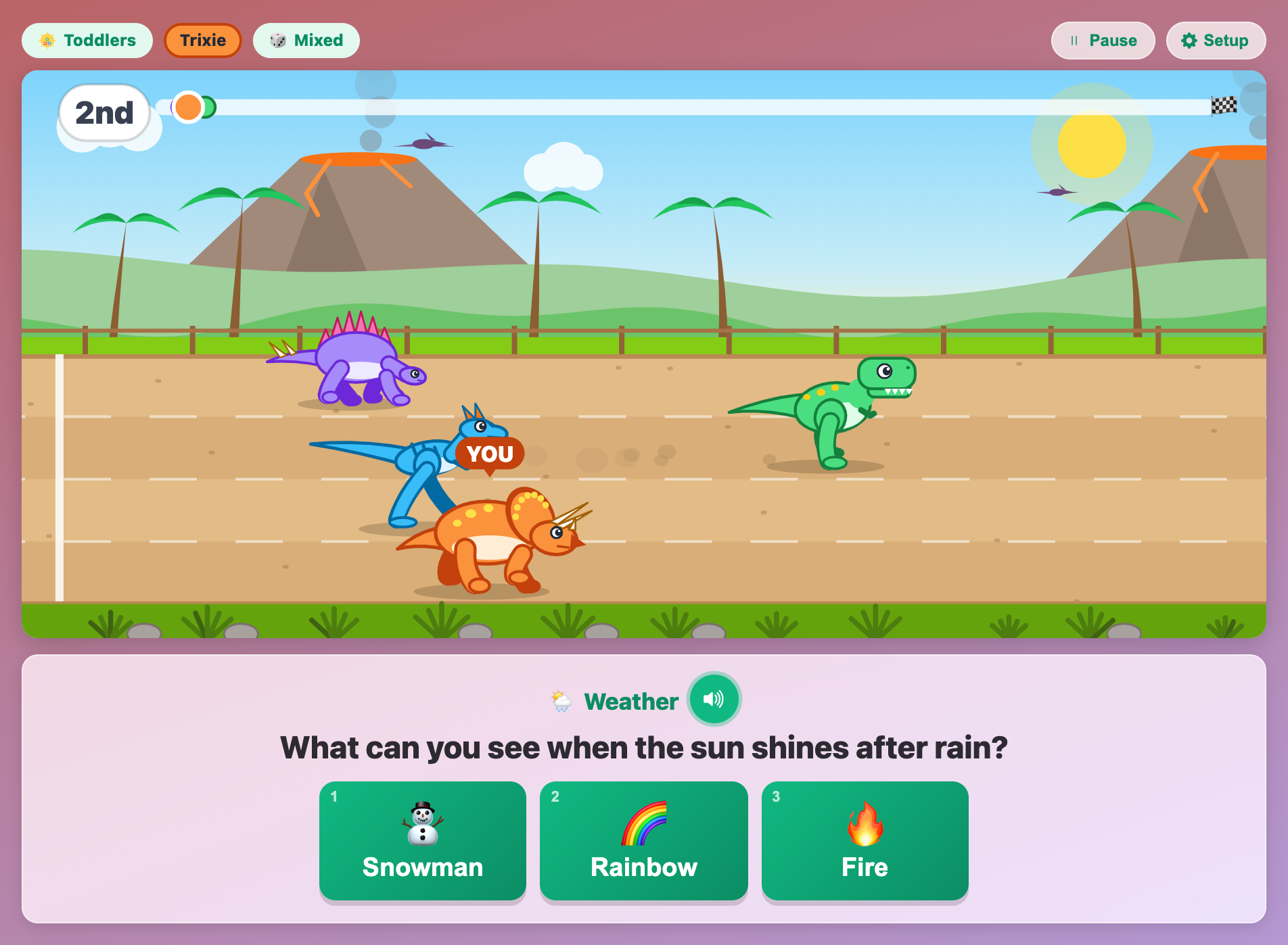 Dino Science Dash for toddlers, with Trixie racing in the front lane and a weather question with Snowman, Rainbow and Fire picture answers