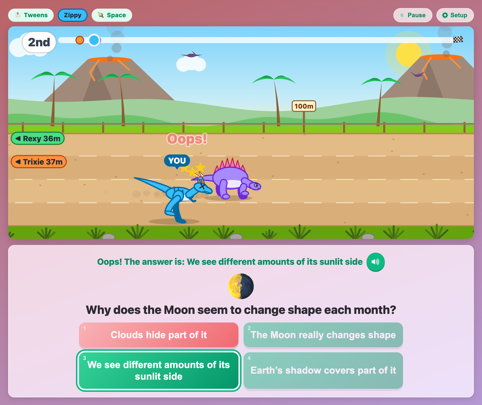 Zippy the Raptor tripping with dizzy stars after a wrong answer, while the card shows the right answer about the Moon