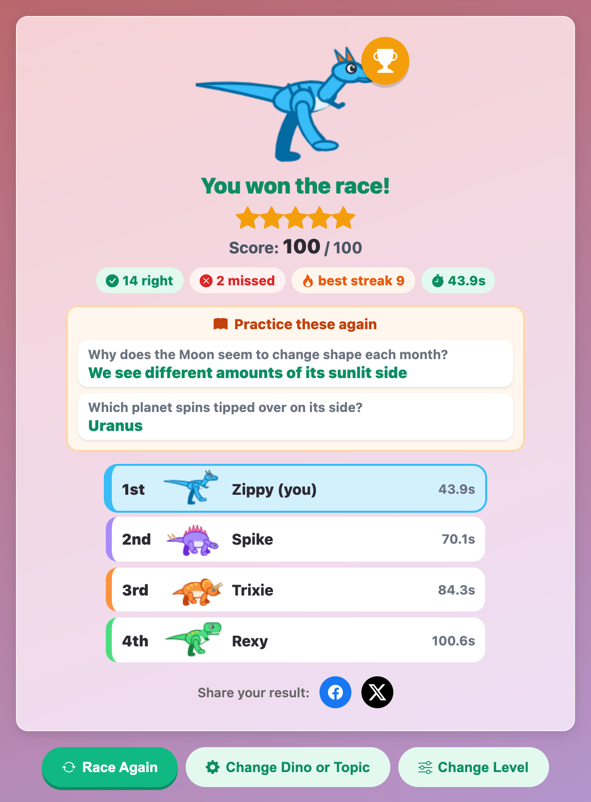 the Dino Science Dash result card with a trophy, five stars, a score of 100 and a Practice these again list