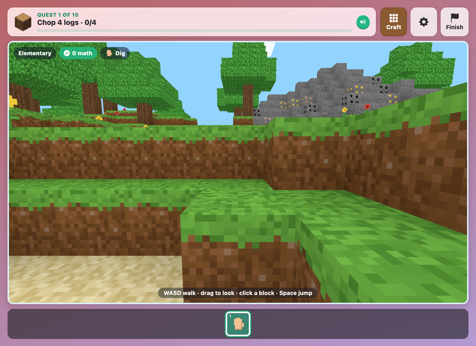 a first-person view of the blocky MathCraft island with trees, grass steps and a stone mountain dotted with ores