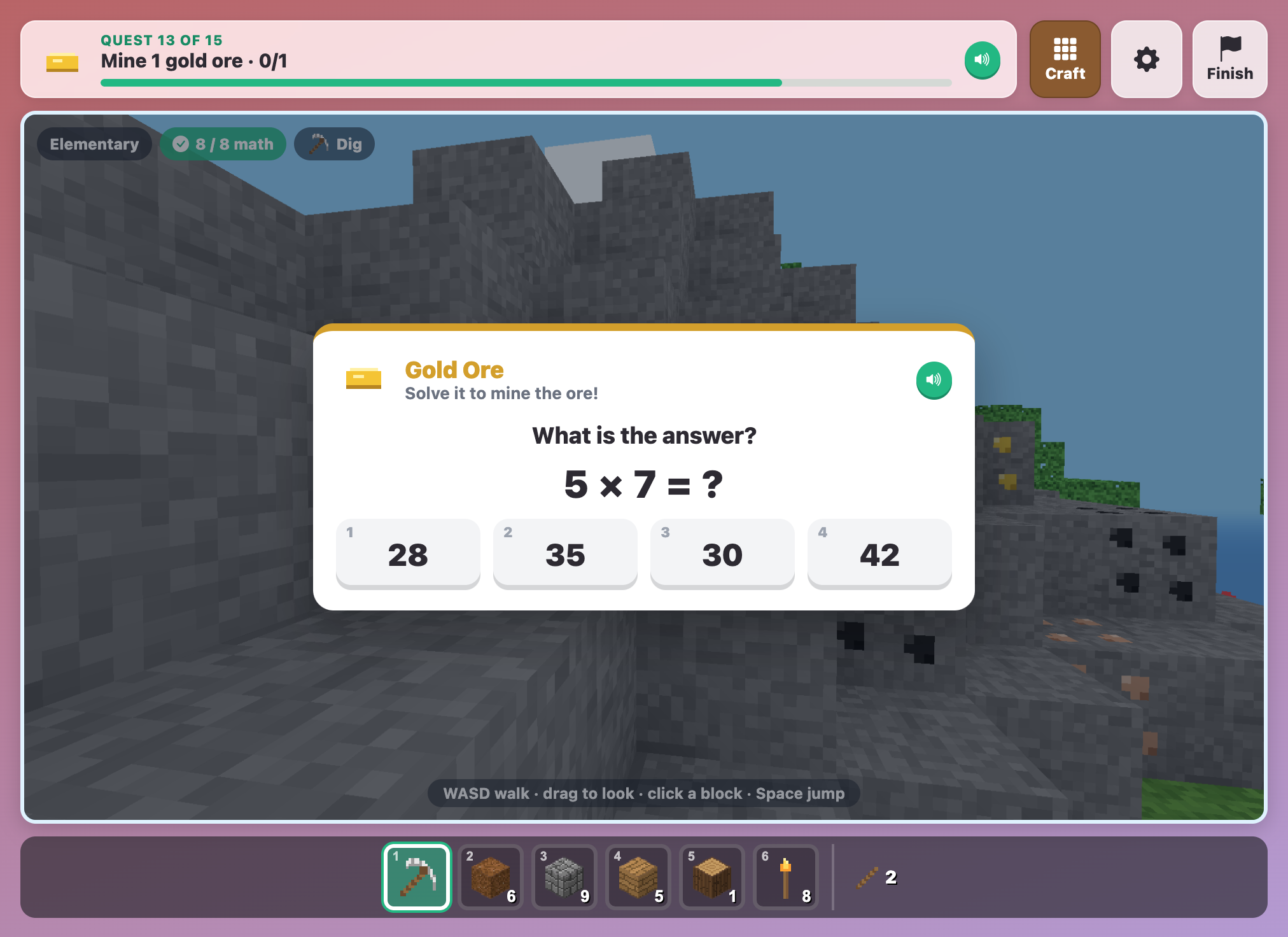 a Gold Ore card in MathCraft for elementary kids asking 5 × 7 with four answer buttons