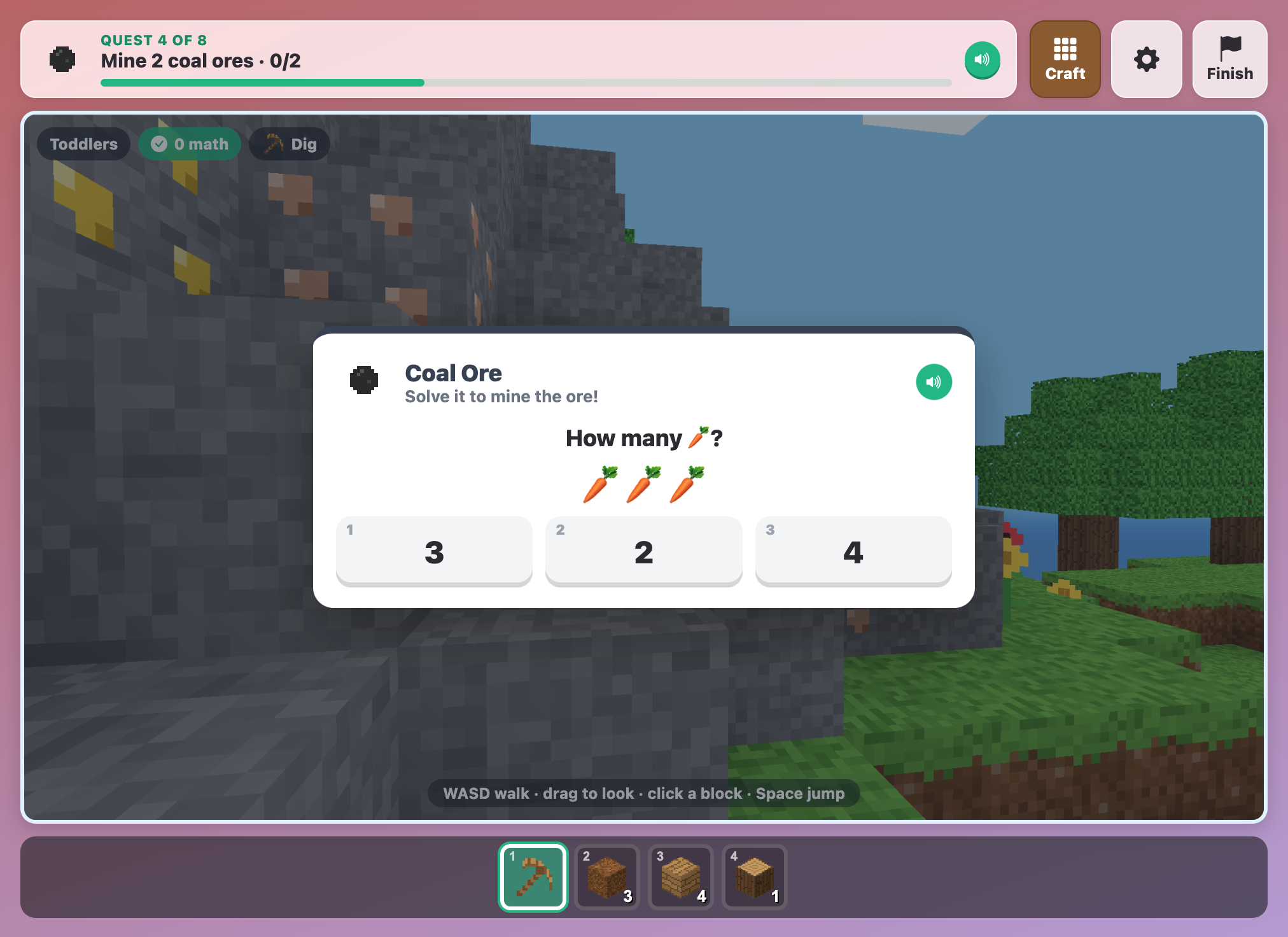 a Coal Ore card in MathCraft for toddlers asking how many carrots, with three carrot pictures and three answers
