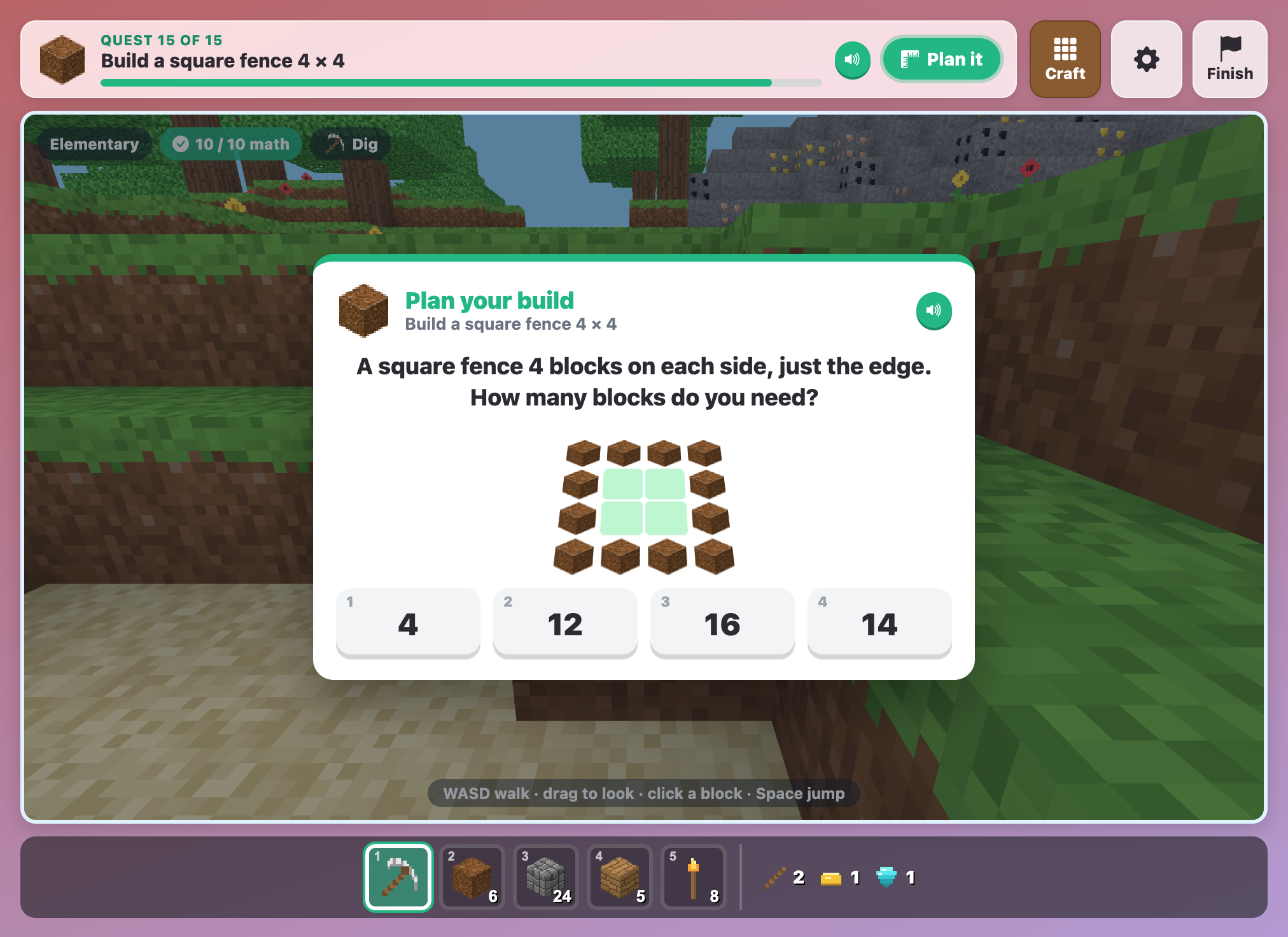 the Plan your build card asking how many blocks a 4 by 4 square fence needs, with a picture of the edge blocks