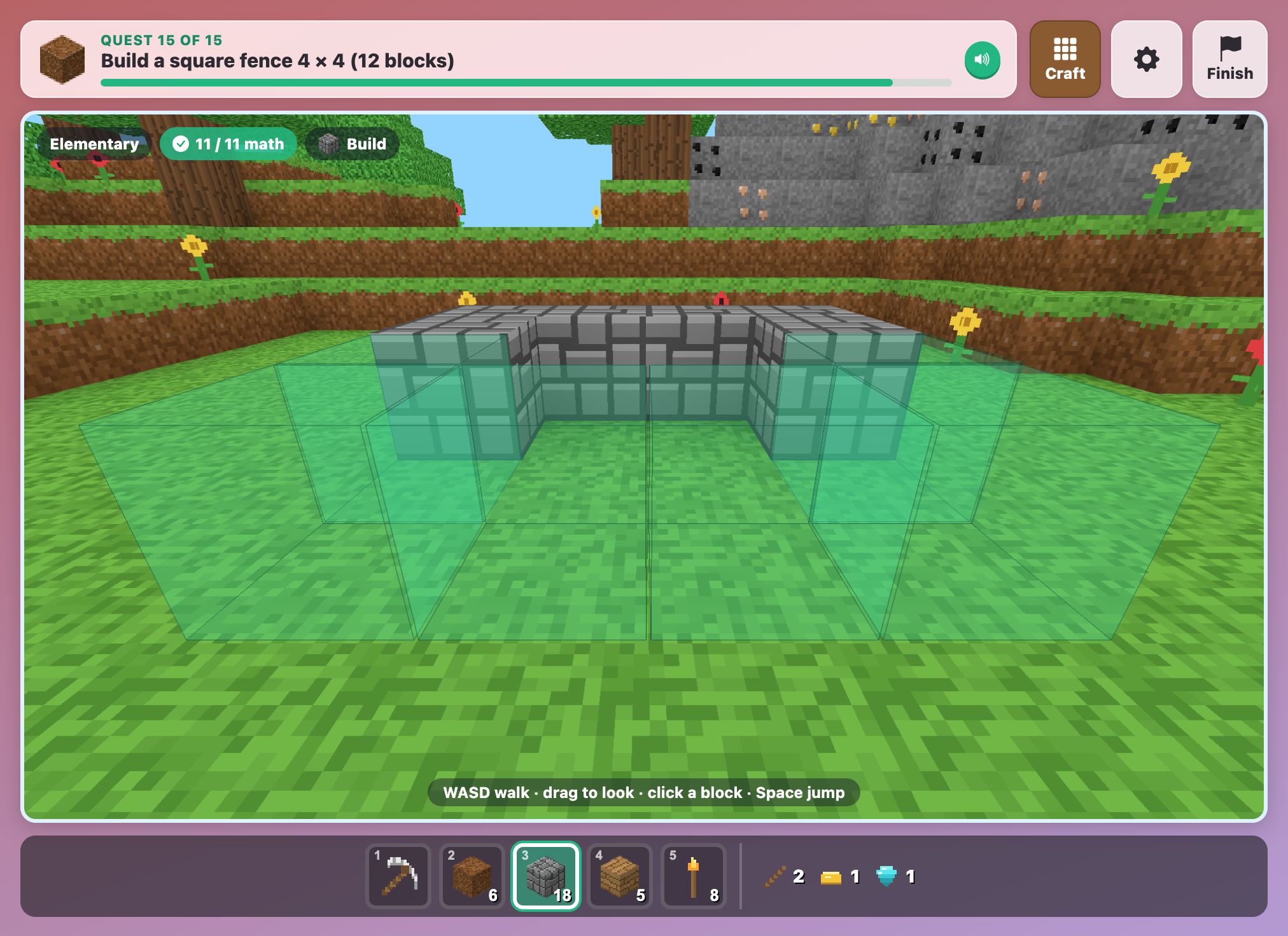 green see-through blueprint cubes on the grass plot in MathCraft for kids, with half of a stone fence built