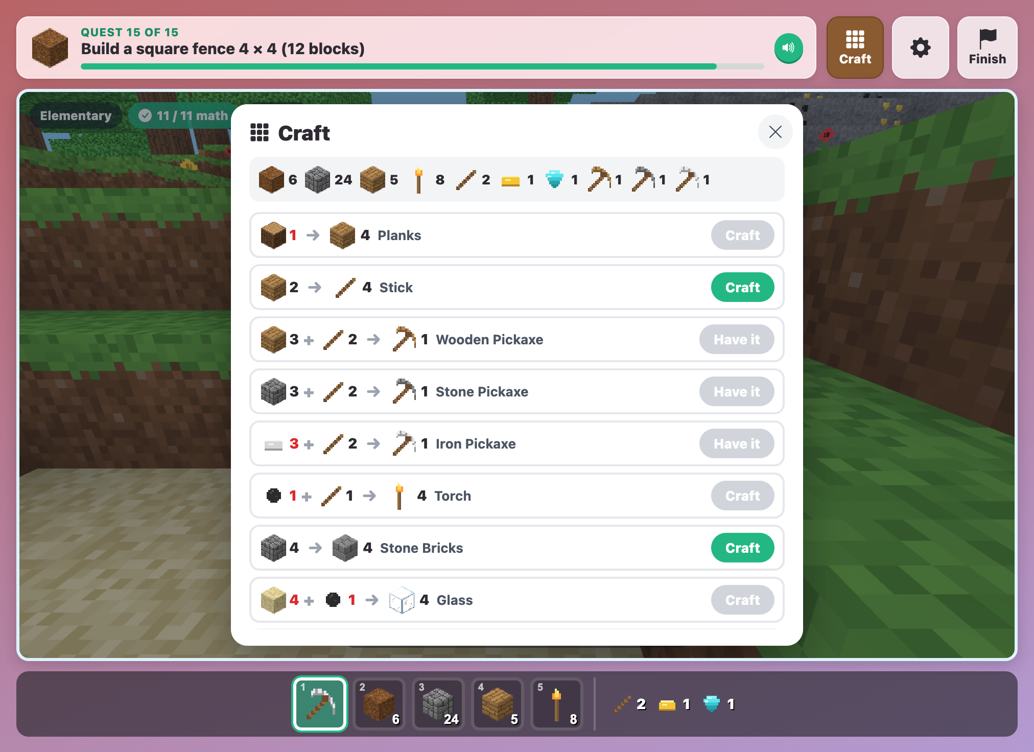 the MathCraft Craft panel showing the bag and recipes for planks, sticks, pickaxes, torches, stone bricks and glass
