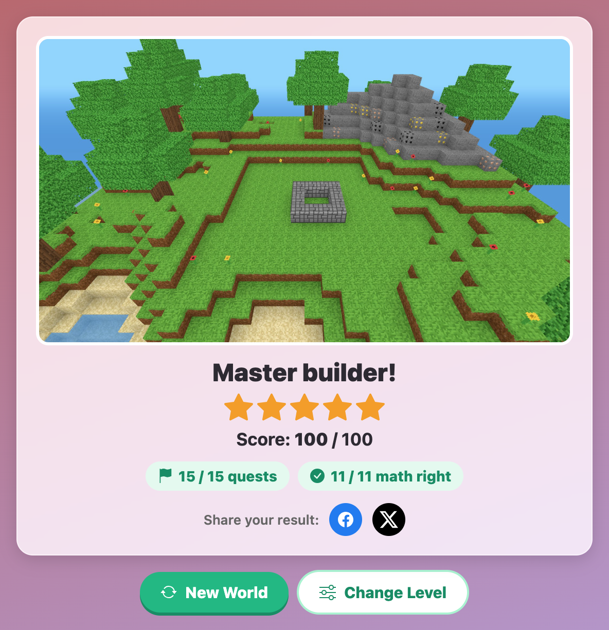 the Master builder result card with a picture of the island, five stars, a score of 100 and 15 of 15 quests