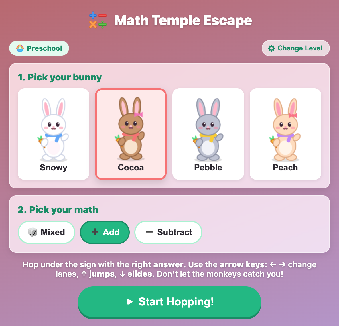 the setup screen with four baby bunnies to pick, Cocoa chosen, and Mixed, Add and Subtract math buttons