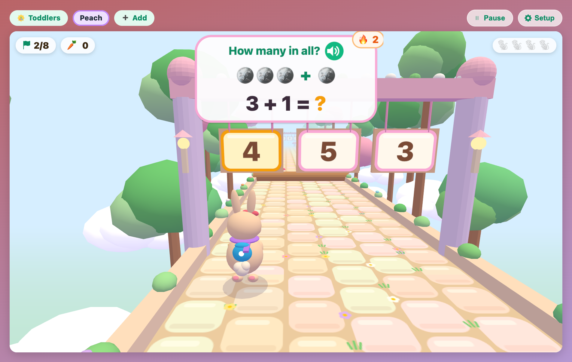 a math gate for toddlers with the signs 4, 5 and 3 hanging over the lanes and the question 3 + 1 with coin pictures