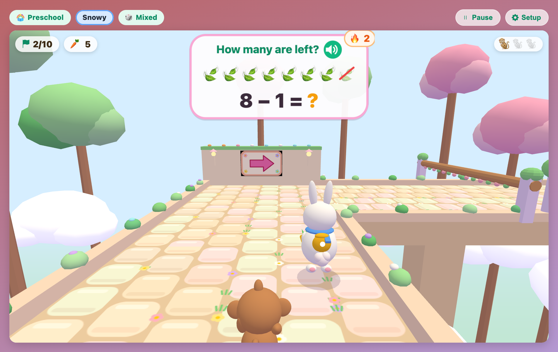 Snowy the bunny hopping toward a corner with a pink arrow sign while a take-away question shows 8 leaves with one crossed out