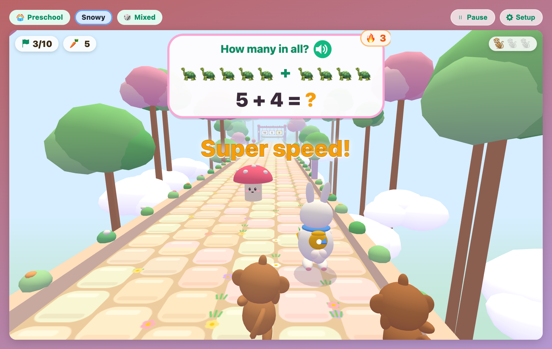 Super speed! popping up after three right answers in a row, with a smiling mushroom ahead and two monkeys behind