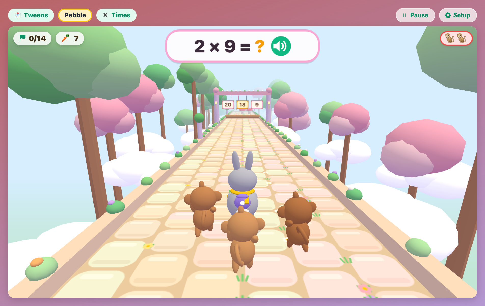 Math Temple Escape for tweens asking 2 × 9 with the signs 20, 18 and 9 ahead and three monkeys close behind the bunny