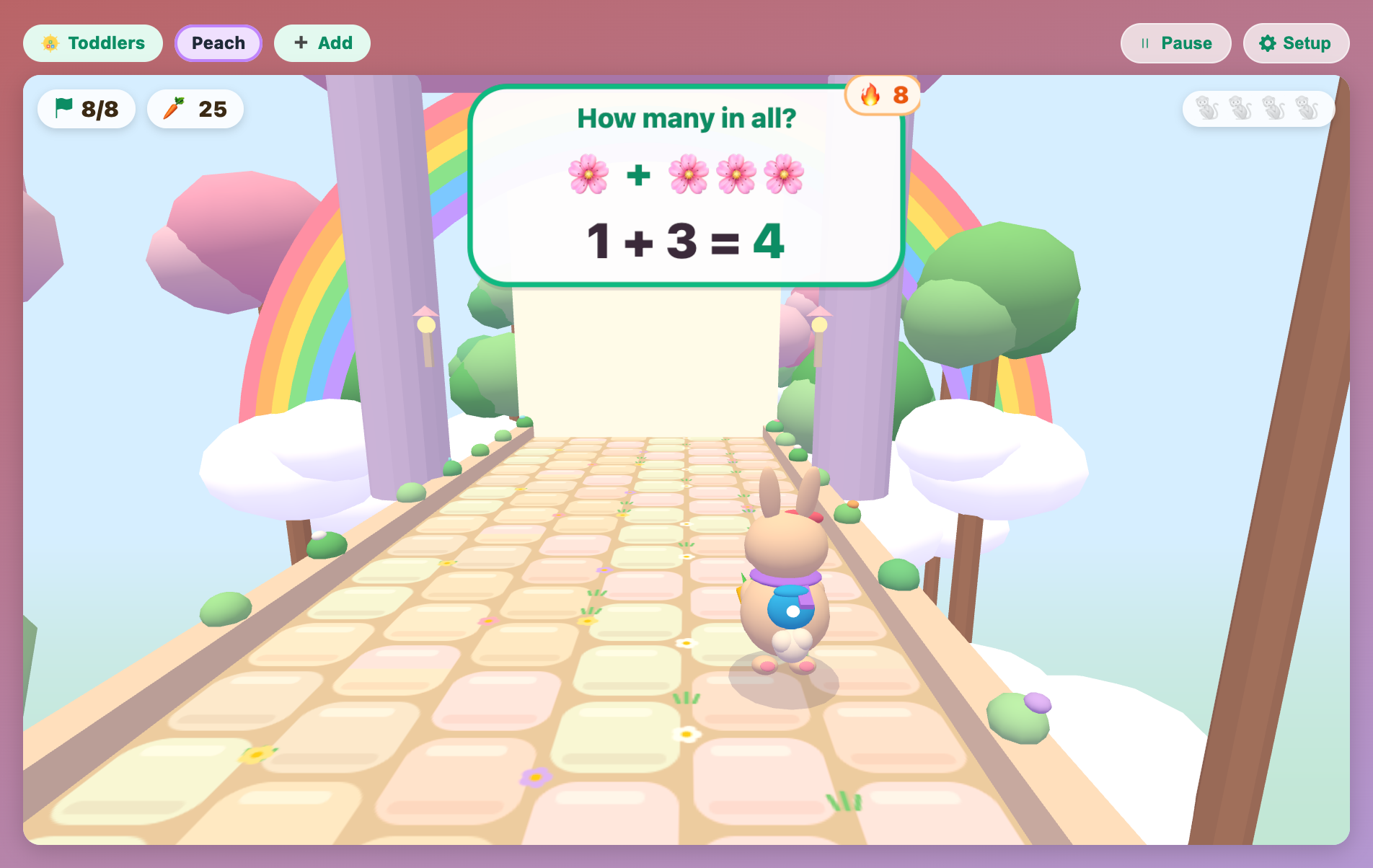 the bunny hopping toward the temple exit under a big rainbow after all 8 gates were answered right