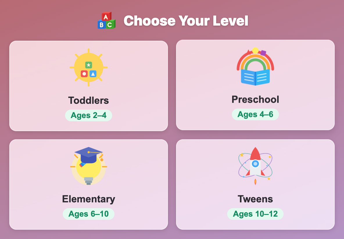 four age cards on the English Temple Escape level screen, from Toddlers ages 2 to 4 up to Tweens ages 10 to 12