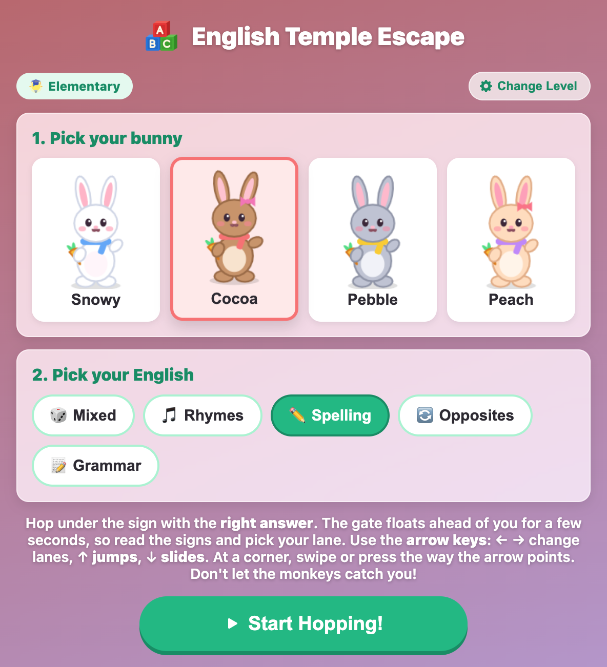 the English Temple Escape setup at Elementary, with Cocoa the brown bunny picked and the Spelling topic chosen