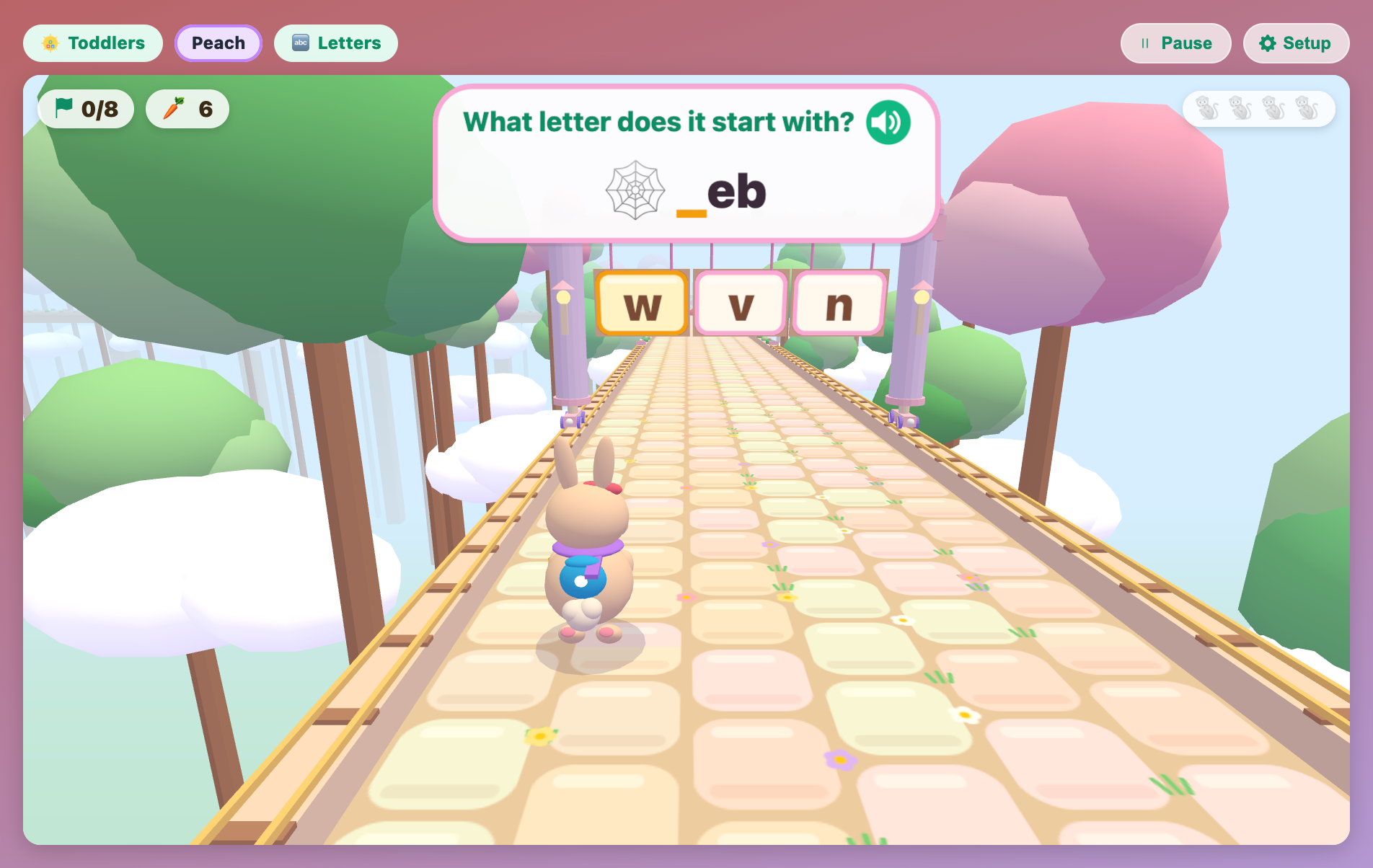 a peach bunny hopping toward a word gate with w, v and n signs under a spider web picture and _eb