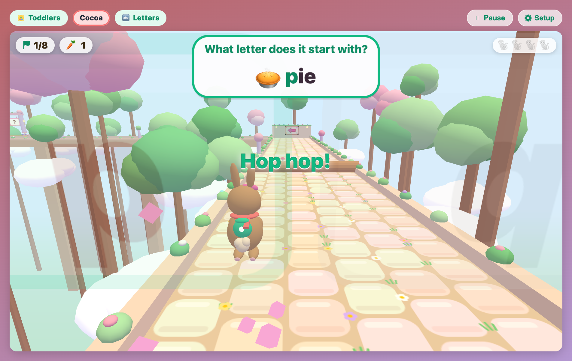 a brown bunny hopping on after a right answer, with the plate showing pie in green and a Hop hop cheer