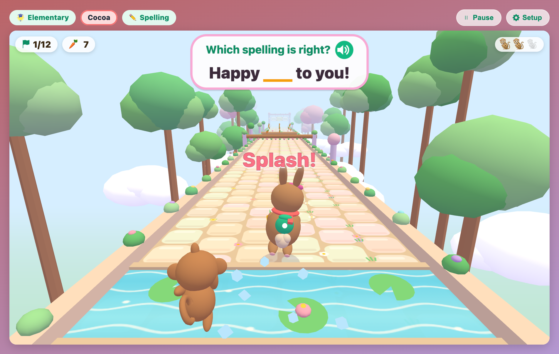 a bunny that just splashed through a lily-pad stream, with a Splash message and a baby monkey right behind