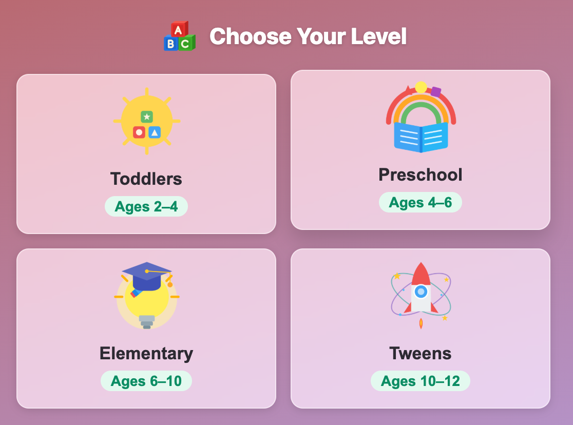 the Choose Your Level screen in English Moto Race for kids, with Toddlers, Preschool, Elementary and Tweens cards