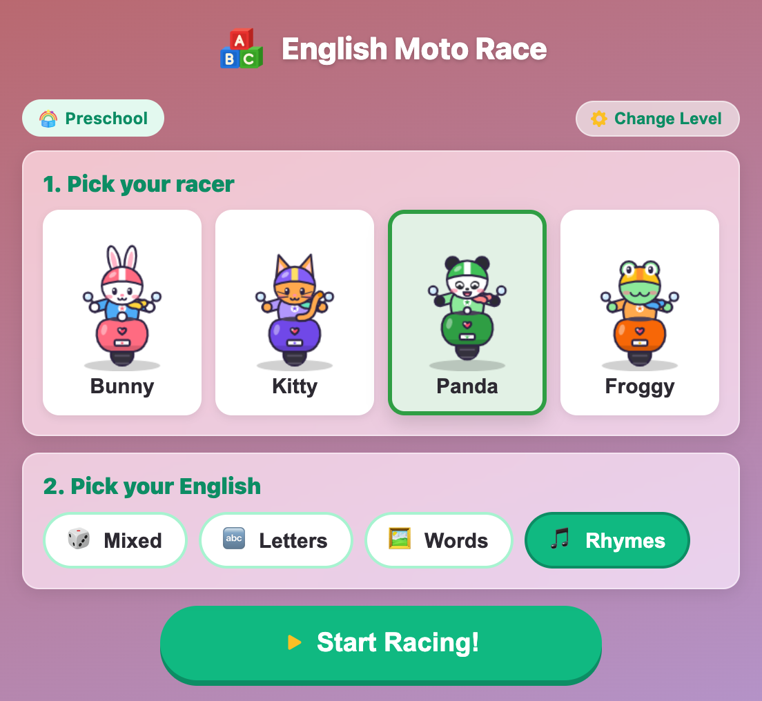 the English Moto Race setup screen with Panda picked as the racer and Rhymes picked as the English topic