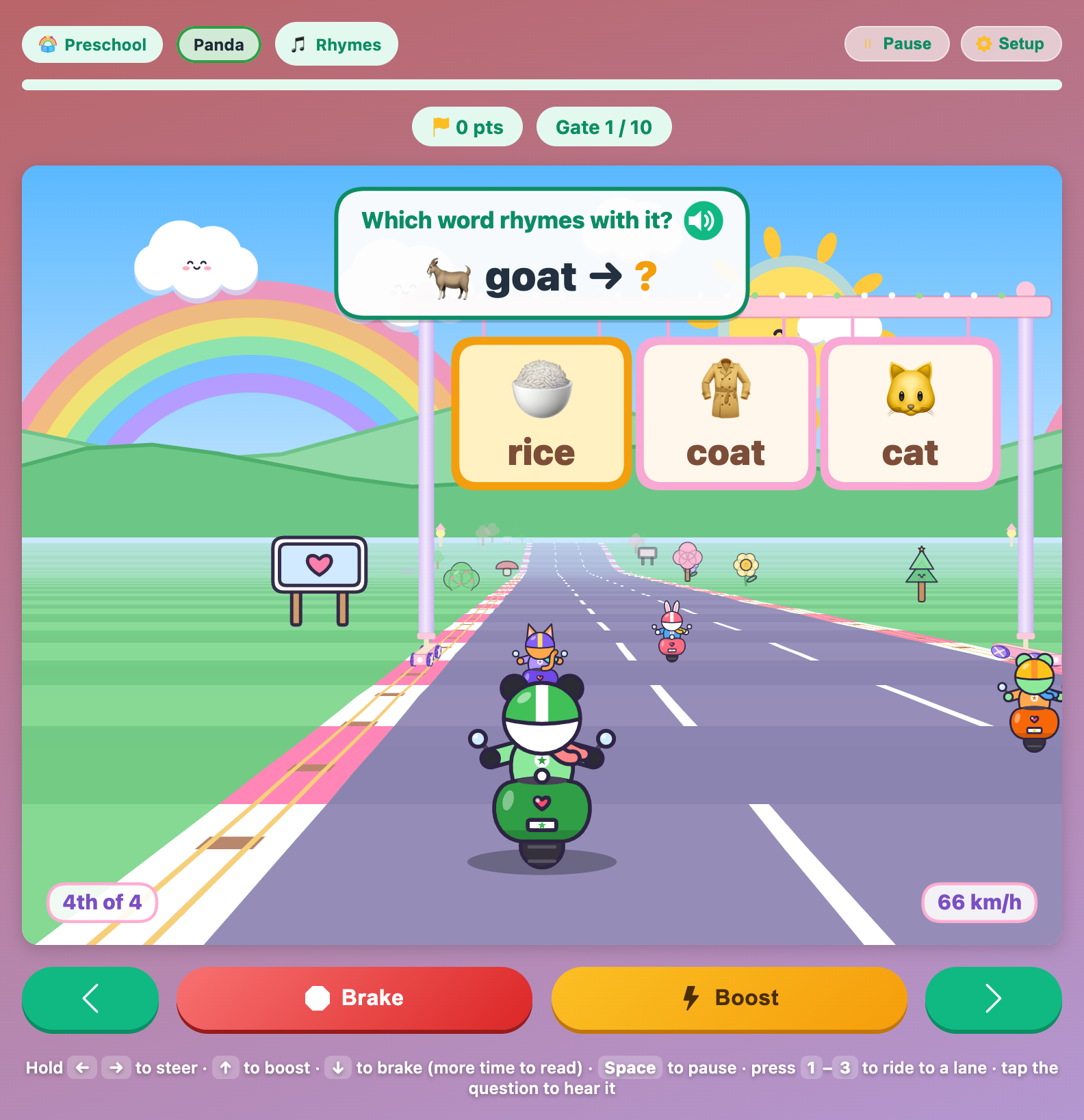 a rhyme gate in English Moto Race for preschoolers asking what rhymes with goat, with rice, coat and cat picture signs