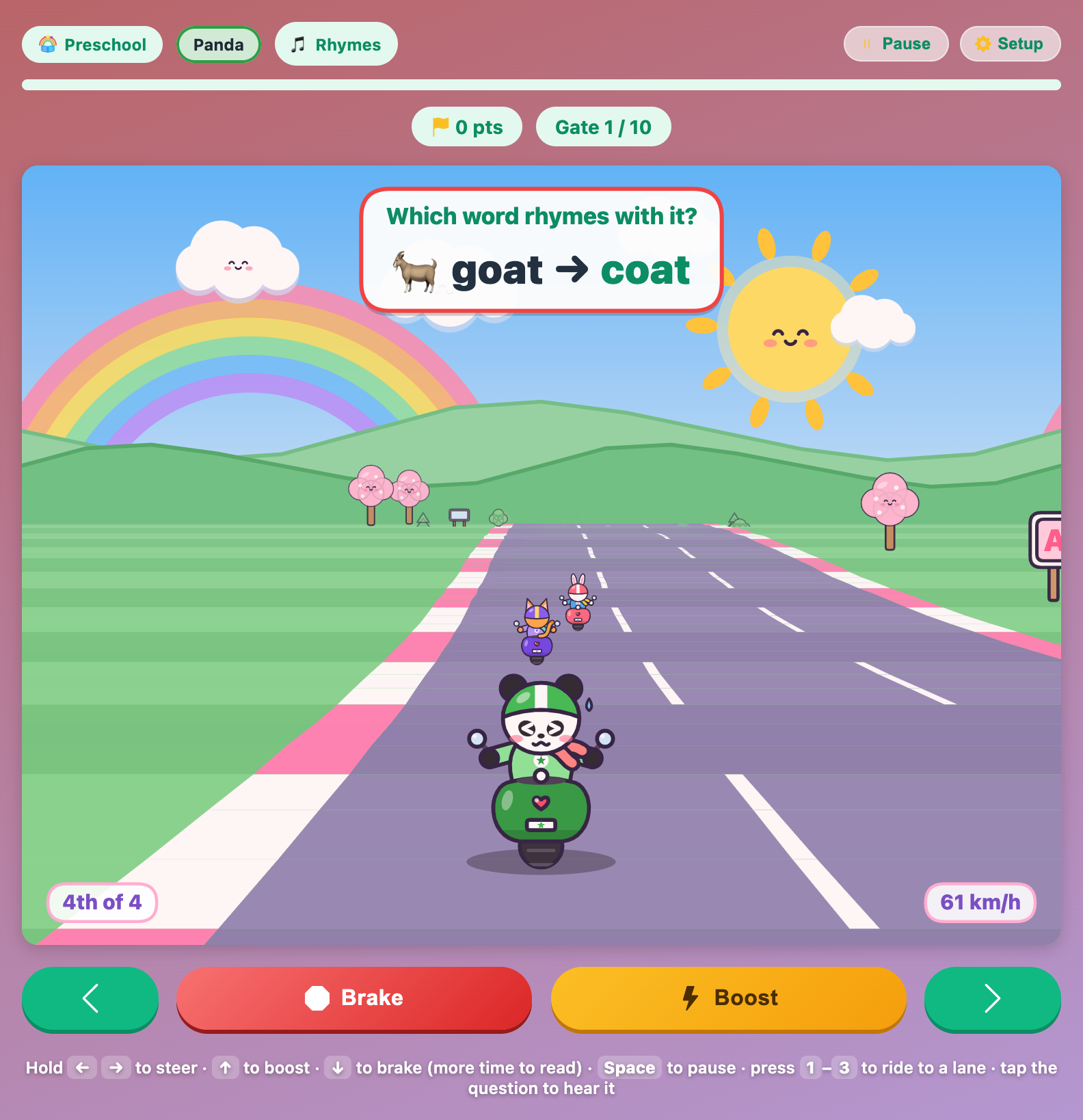 Panda wincing on its green scooter after a wrong lane, while the question plate shows goat and coat in green